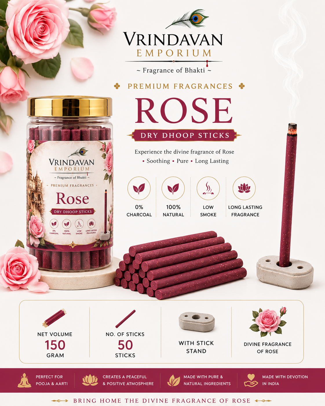 Rose Dry Dhoop Sticks | Premium Floral Fragrance for Pooja, Aarti & Home | 150g - Image 2