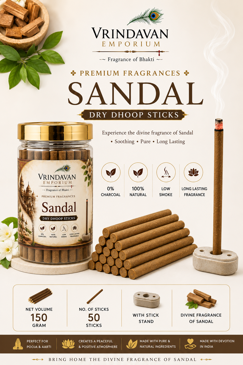 Chandan Dry Dhoop Sticks | Natural Sandalwood Fragrance for Puja & Spiritual Space | 150g - Image 2