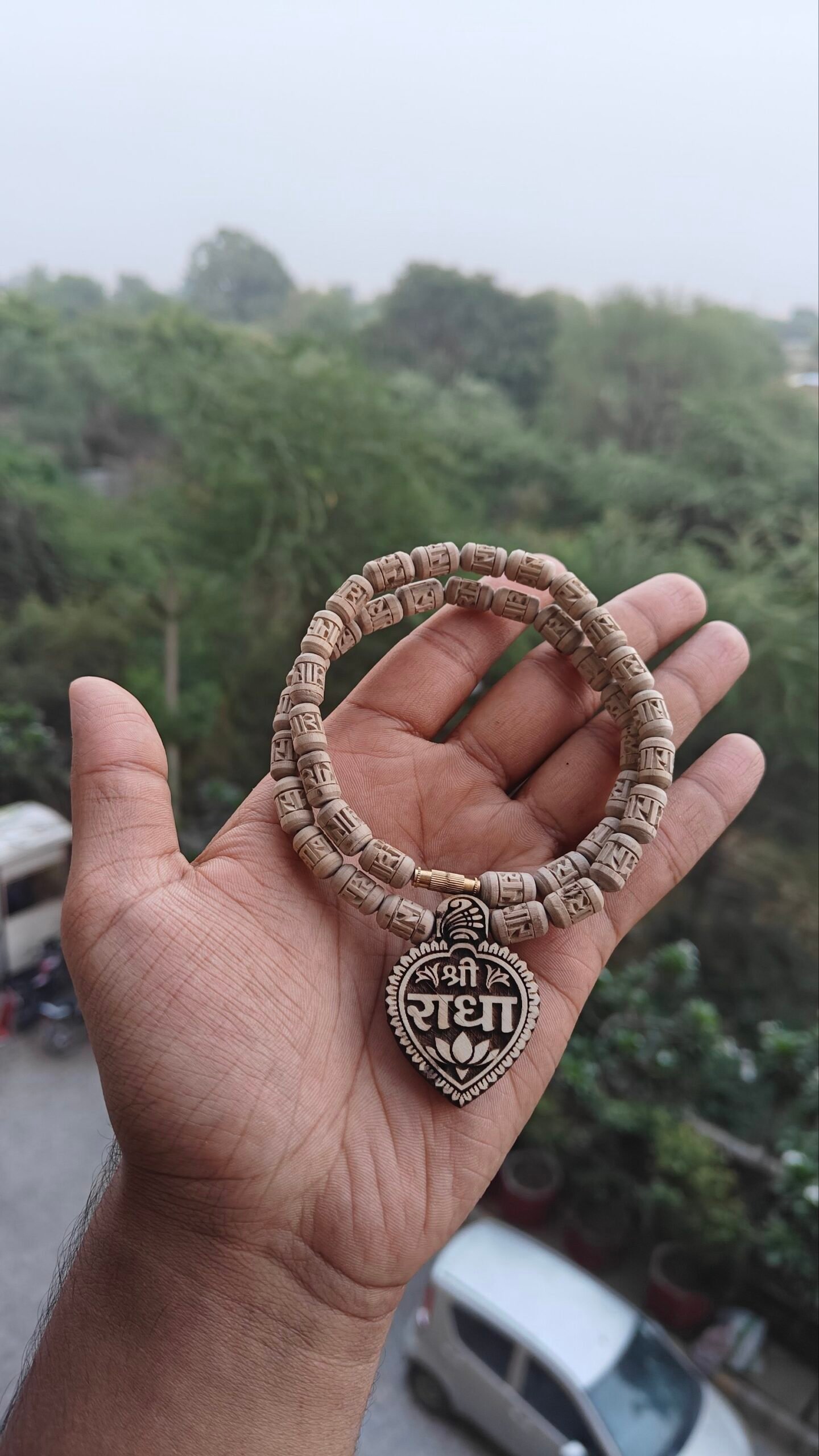 Shree radha heart shaped tulsi locket mala with handcrafted radha beads